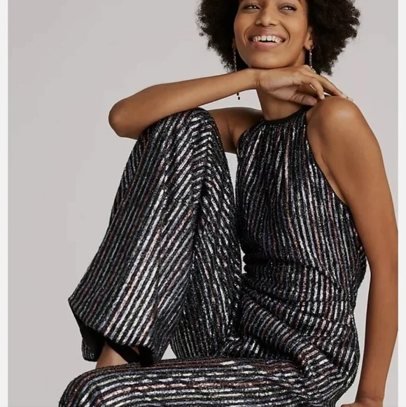 Maeve By Anthropologie Disco Halter Wide Leg Sequin Party Jumpsuit US 14 NWOT - Picture 3 of 8